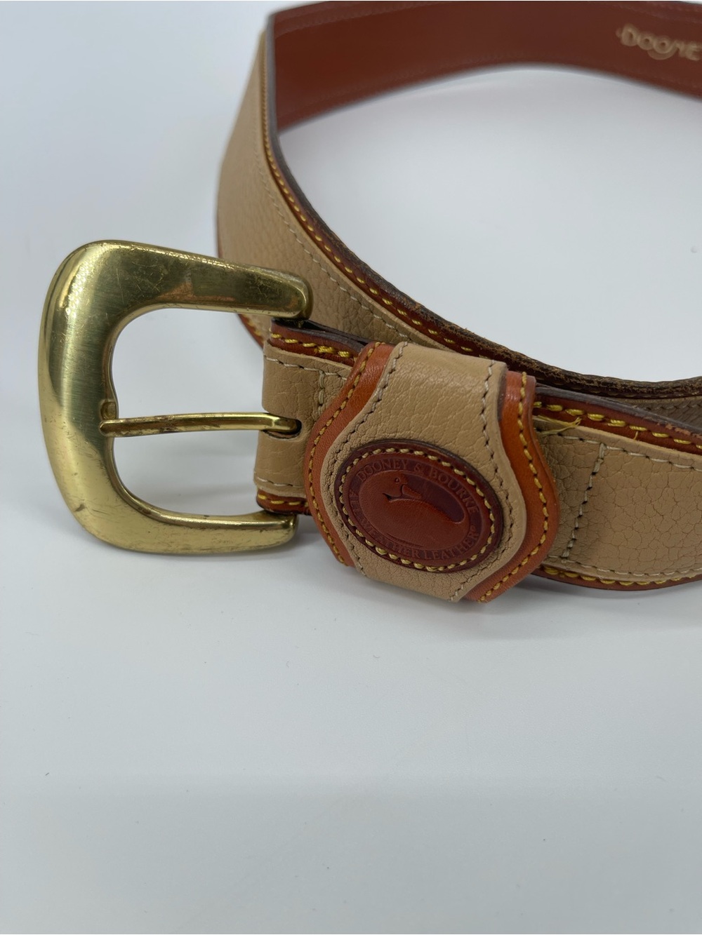 Dooney & Bourke Tan and Brown Leather Men's Belt with Brass Buckle Made in USA - Picture 2 of 9